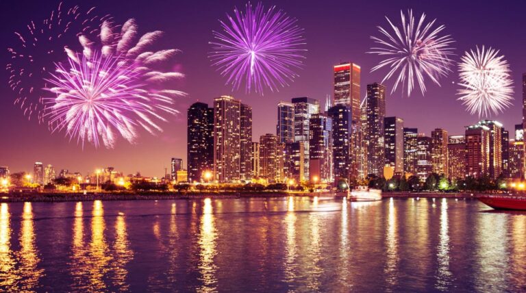 Fireworks over the Chicago skyline.