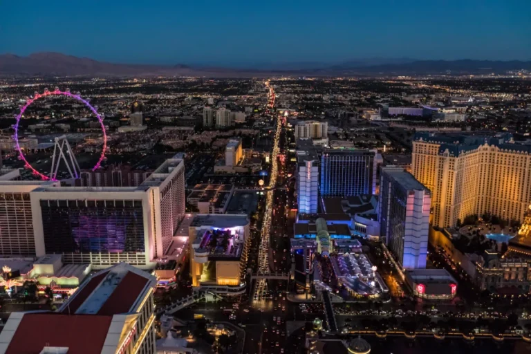 The Strip in Las Vegas at dusk.